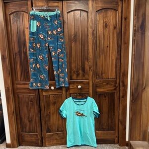Lazy One Teal Otter Pajama Set - Turquoise Top & Teal Printed Pants